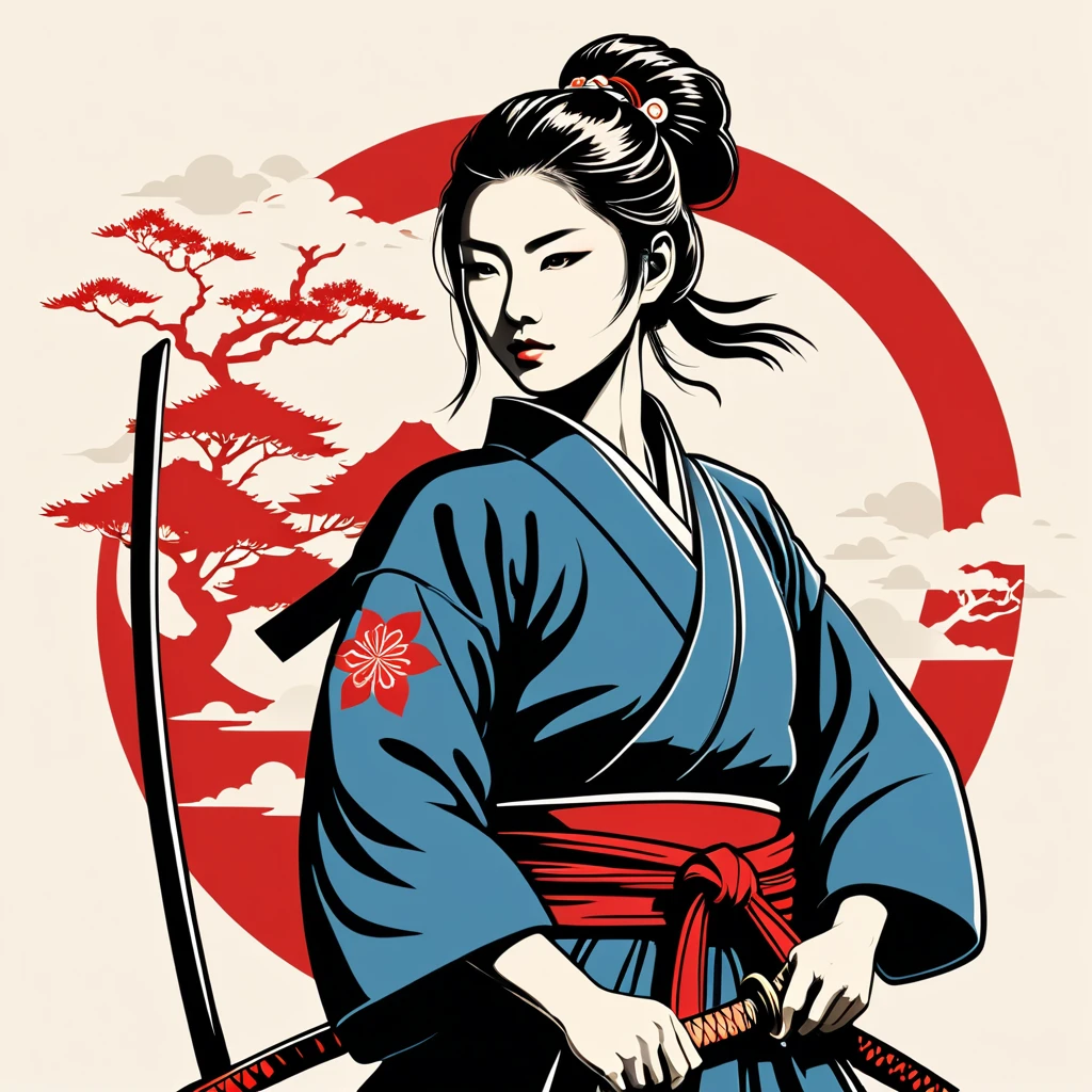 female samurai in japan folk outfit, vector graphics, strong contours, logo design