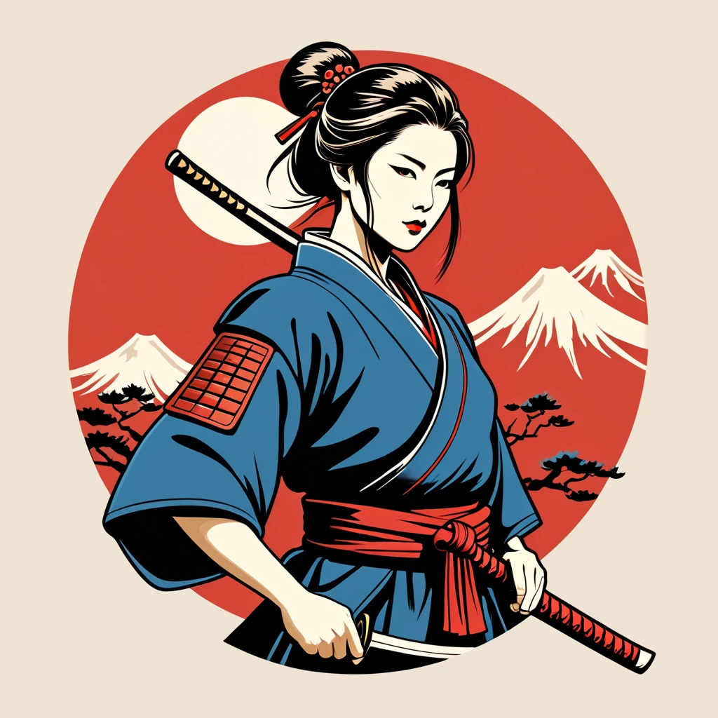 female samurai in japan folk outfit, vector graphics, strong contours, logo design