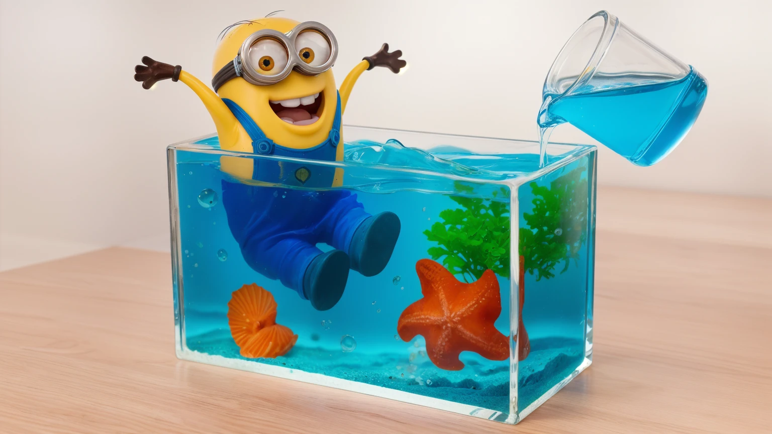on a wooden table, there is a glass aquarium with blue water, a minion sitting in an aquarium, plastic red starfish in the aquarium, orange plastic shell and plastic green algae . water is poured from a measuring cup into an aquarium, against the background of the kitchen .beautiful lighting, Beautiful sunlight, realistic style , realistic texture, detailed texture, a high resolution, high quality, ultra hd 4k