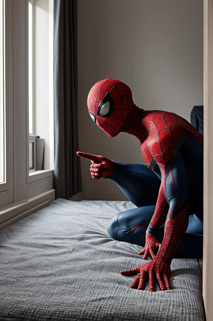 Spiderman debout, regarde le spectateur, regard coquin, début d'érection, chambre à coucher