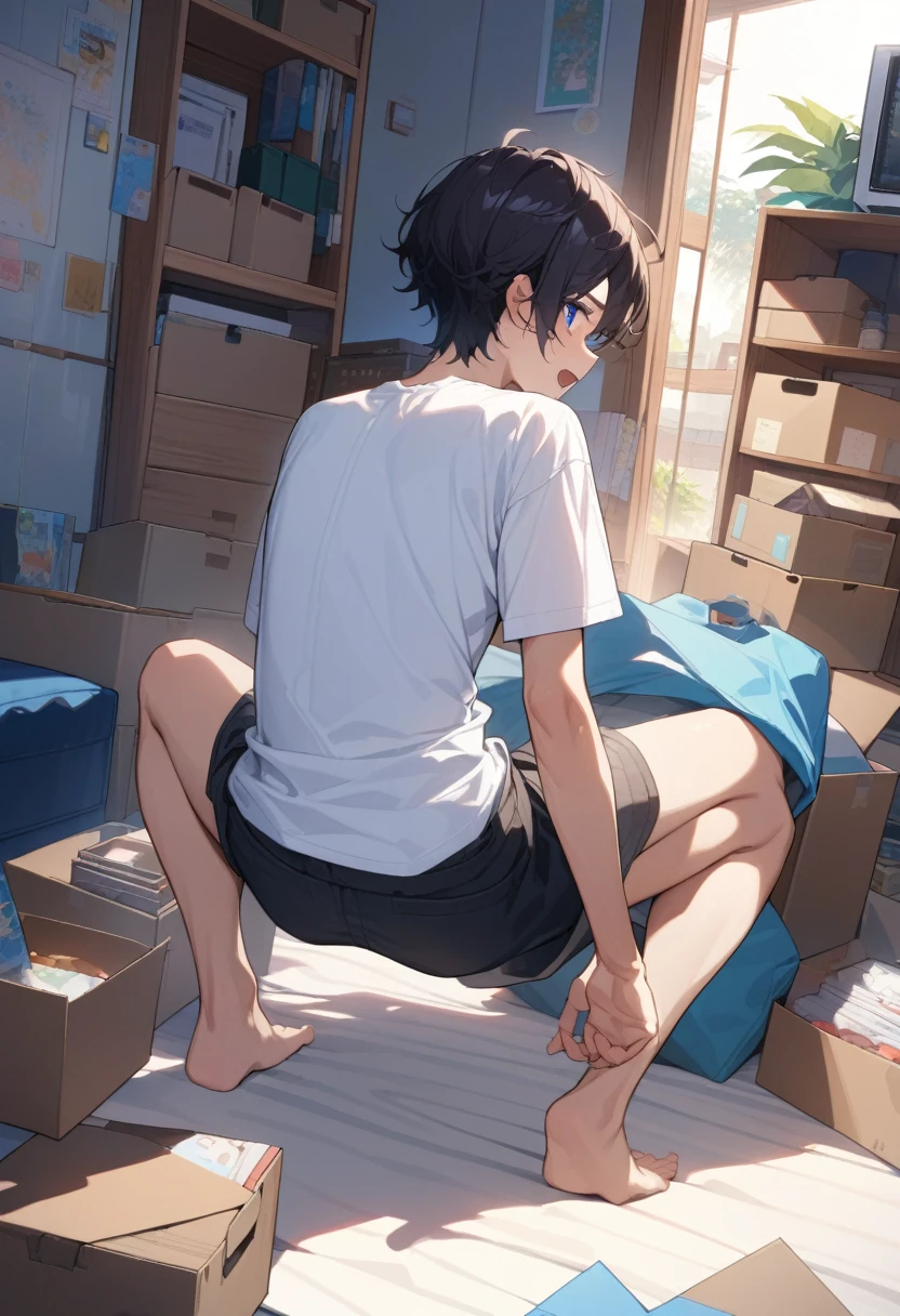 masterpiece, best quality, extremely detailed, ultra detailed, flat anime, 2D,
((1boy)),black hair, (short hair:1.5),blue eyes, height 1.7meters, (circle eyes:1.2), (young adult:1.2), Ear-length sideburns,
long Sleeves, White T-shirt, barefoot, ((short sleeves)), ((long pants)),
squatting, looking back, open mouth,
summer, 12AM, livingroom,organizing the boxes.,