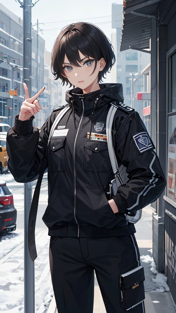 (1 woman,A young female clerk,masterpiece,8k,best quality,Perfect body),Black short hair woman,((Black short hair,Winter is coming,Black Clerk,Modern security guard,Serious)),Perfect eyes,perfect student,Oil painting style,Thick coating,thick line,16K, Ultra HD, Retina, masterpiece, precise, Anatomically correct, best quality, high quality, Textured Skin,Correct finger