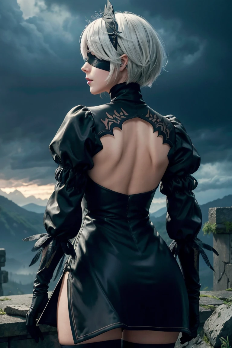 2B Nier Automata,Bobcut, Gray Hair,Long sleeve, Juliet Sleeve, White gloves, turtleneck, bangs, Feather ornament, Feather ornament sleeves, Blindfold, Black Goth Dress,Beautiful back view,Japanese Ultra HD,super high quality,masterpiece,Digital SLR,Photorealistic,Detailed details,Vivid details,Depicted in detail,A detailed face,Detailed details,Super Detail,Realistic skin texture,Anatomical basis,Perfect Anatomy,Anatomically correct hand,Anatomically correct fingers,Complex 3D rendering,Sexy pose,Rainy Sky,Beautiful scenery,Fantastic rainy sky,Fantasy worldview,Beautiful night sky,Picturesque,Pink Lips,Black butterfly々Fluttering,A ruined world,A devastated battlefield,ruins,