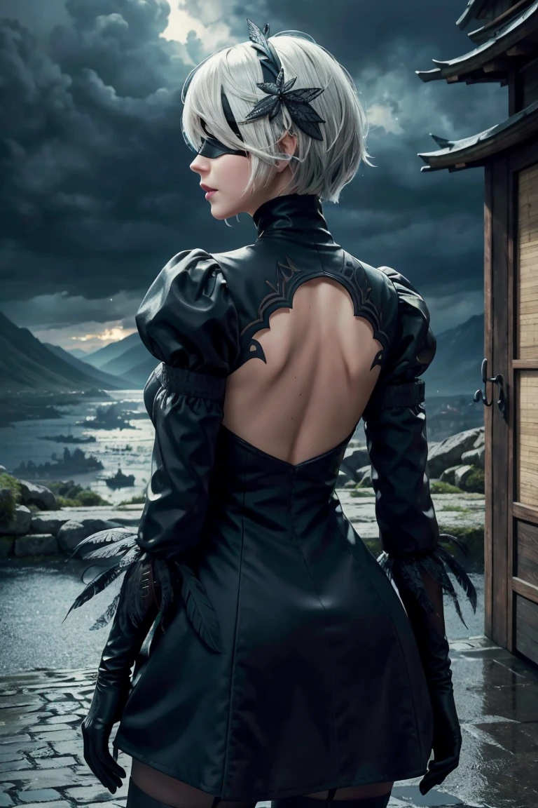 2B Nier Automata,Bobcut, Gray Hair,Long sleeve, Juliet Sleeve, White gloves, turtleneck, bangs, Feather ornament, Feather ornament sleeves, Blindfold, Black Goth Dress,Beautiful back view,Japanese Ultra HD,super high quality,masterpiece,Digital SLR,Photorealistic,Detailed details,Vivid details,Depicted in detail,A detailed face,Detailed details,Super Detail,Realistic skin texture,Anatomical basis,Perfect Anatomy,Anatomically correct hand,Anatomically correct fingers,Complex 3D rendering,Sexy pose,Rainy Sky,Beautiful scenery,Fantastic rainy sky,Fantasy worldview,Beautiful night sky,Picturesque,Pink Lips,Black butterfly々Fluttering,A ruined world,A devastated battlefield,ruins,
