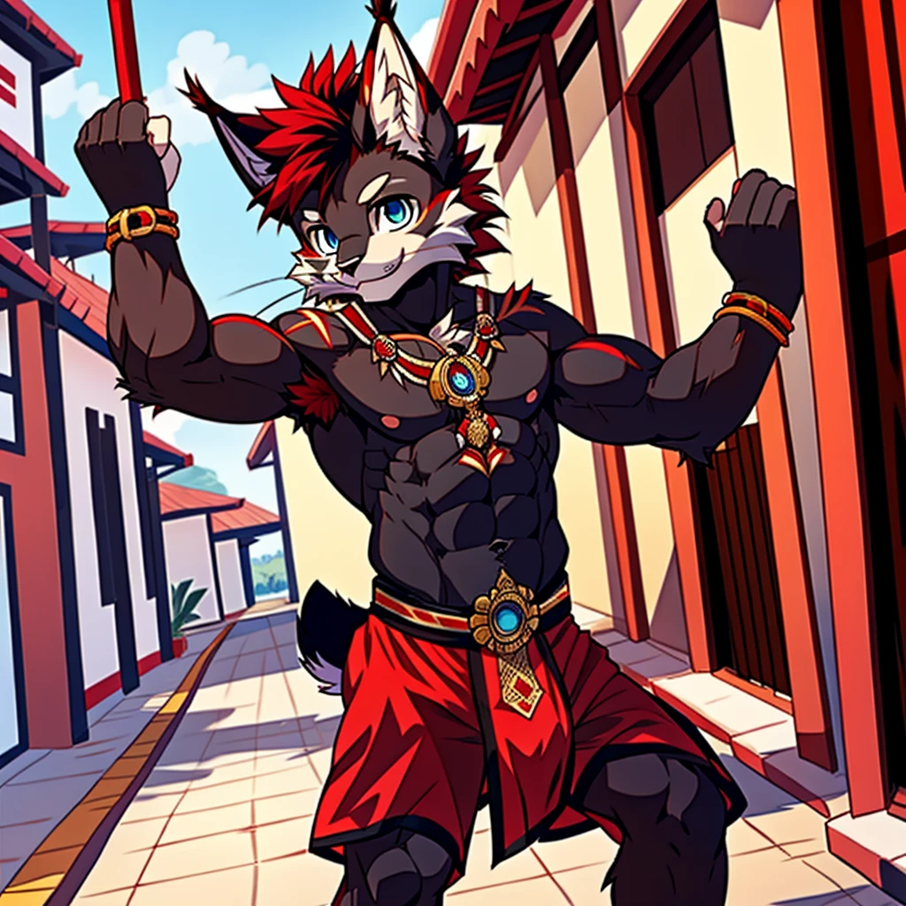 Best quality, Young, 15 year old, Furry, Solo, Male black lynx cat: 1.5, (black fur), (black fur), black fur, blue eyes, red chest hair, black long hair, black mane, red hair, red armpit hair, red whiskers, Humanoid hands, Muscular body, Abs, Wearing Red Muay Thai Style Clothes, Topless, Standing in the street of Thailand, Red Mohawk hair, Detailed black fur, Detailed cloths, Thailand.