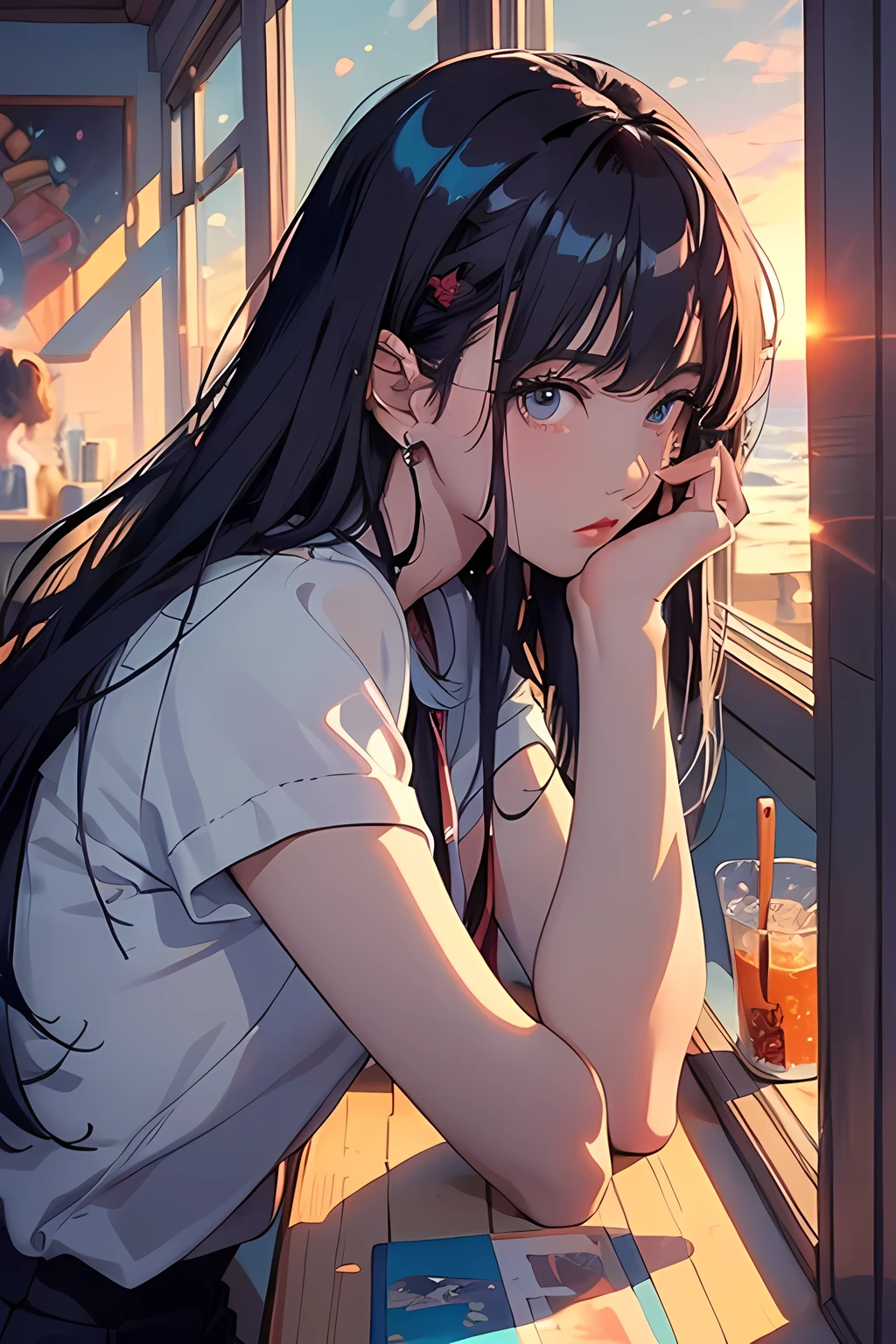 (masterpiece:1.5, best quality:1.5), ((Graffiti, VaporWave style, partially coloring)), cinematic angle, (ultra straight hair, Straight bangs), 1girl, (Hair flowing in the wind), Staring tiredly out the window, (Looking into the beyond), (sunset outside the window:1.2, sunset through window:1.2), From inside the house, ((Rest chin on hand)), Elbow on the table, face seen from the side, Short sleeve white shirt high , ultra straight hair, Poke out lips, Rim Light,