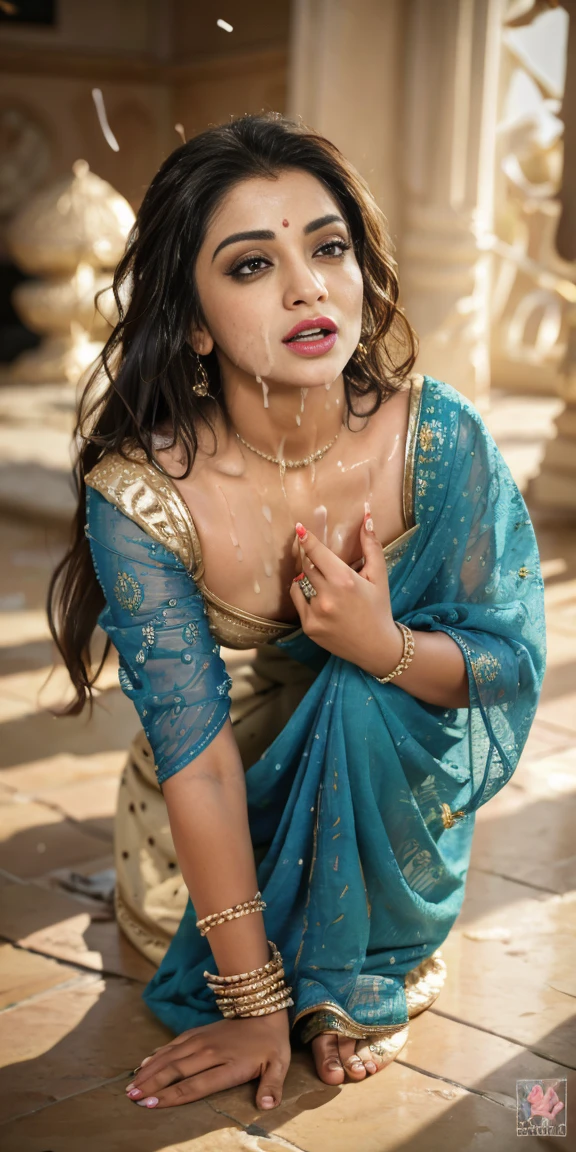 (highly detailed,illustration,intricate,attractive body,beautiful eyes,beautiful lips,extremely detailed face,longeyelashes), ((Full body picture)), cinematic, potrait, dynamic lighting, most beautiful picture, (Tripti Dimri) , indian celebrity, (wearing traditional indian blue saree), traditional indian clothes, indian jewelry, symmetrical face, stunning art, intense look, detailed, red lips, messy strands of hair, detailed hair, intense look, too much cum on face, cum facial,(best quality,4k,8k,highres,masterpiece:1.2),ultra-detailed,(realistic,photorealistic,photo-realistic:1.37),vivid colors,sharp focus,portrait, studio lighting, in a temple, (NSFW), (light skin color), (flower petals on floor), ((CUM FACIAL))