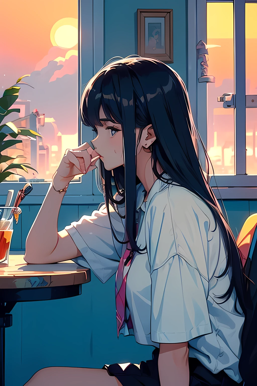 (masterpiece:1.5, best quality:1.5), ((Graffiti, VaporWave style, partially coloring)), cinematic angle, (ultra straight hair, Straight bangs), 1girl, (Hair flowing in the wind), Staring tiredly out the window, (Looking into the beyond), (sunset outside the window:1.2, sunset through window:1.2), From inside the house, ((Rest chin on hand)), Elbow on the table, face seen from the side, Short sleeve white shirt high , ultra straight hair, Poke out lips, Rim Light, 