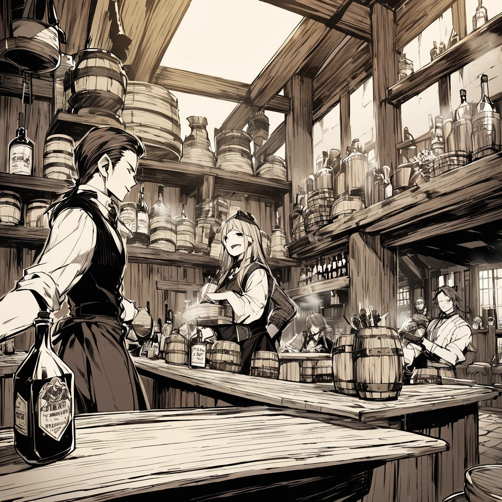 Sepia,Illustrated landscape painting,((Never draw a character)),A bustling fantasy medieval tavern interior,Bartender,Many barrels,Loaded,Rickety wooden table,The smoke from grilled skewers fills the air, and the aroma of sake fills the air.