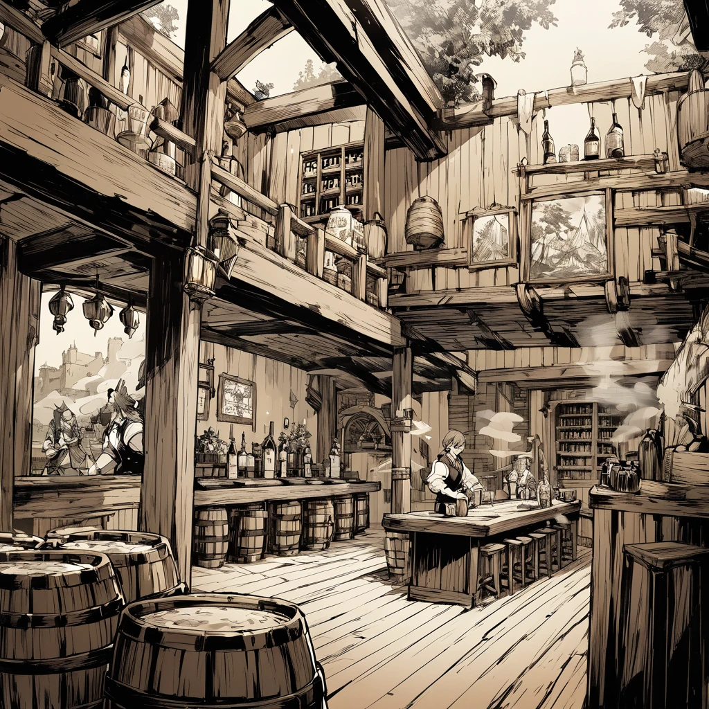 Sepia,Illustrated landscape painting,((Never draw a character)),A bustling fantasy medieval tavern interior,Bartender,Many barrels,Loaded,Rickety wooden table,The smoke from grilled skewers fills the air, and the aroma of sake fills the air.