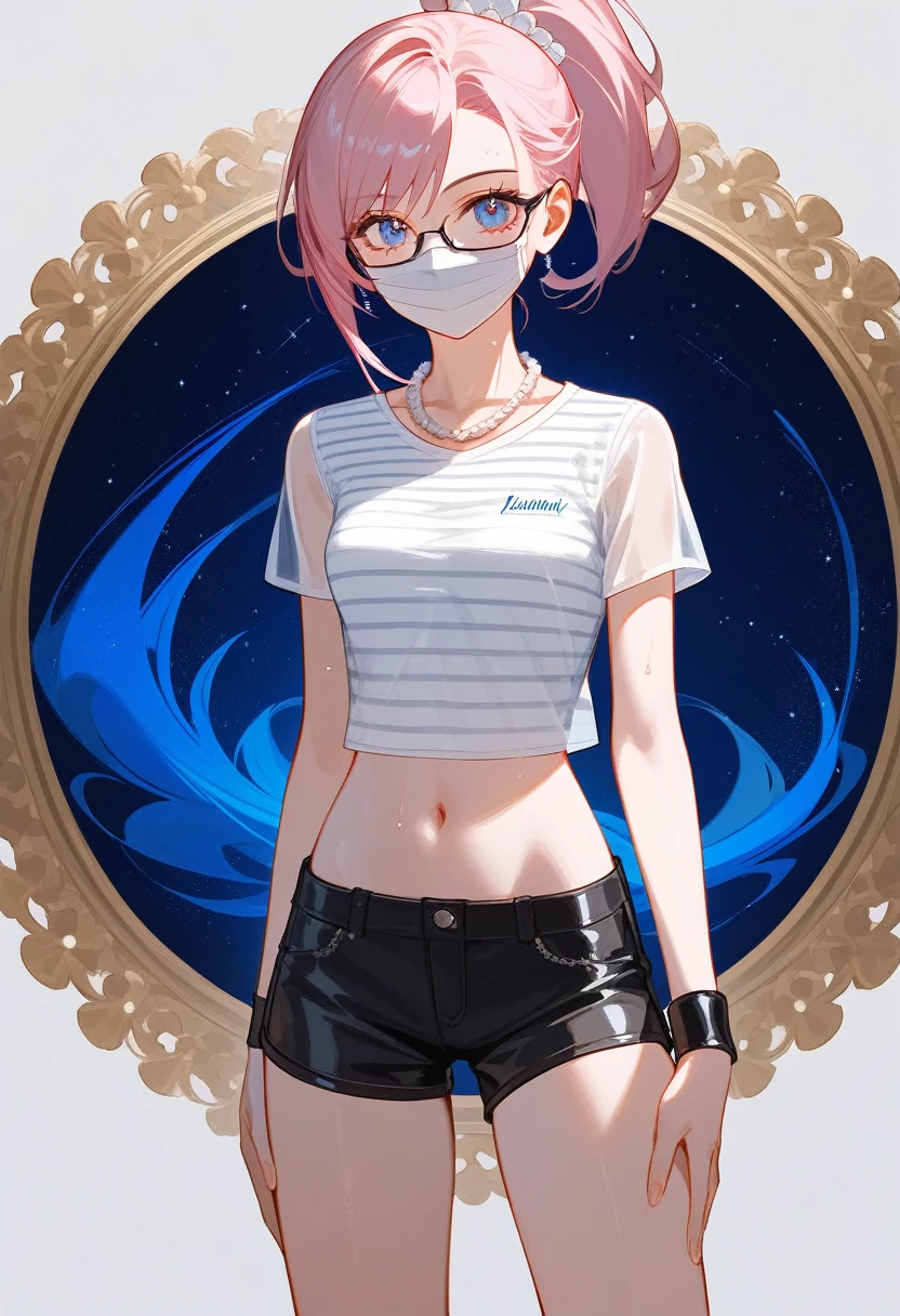 (Fraction_9,Fraction_8_Direction_7_up),1 a woman,(((bust))),(masterpiece:1.2), best quality, high resolution, 1 girl,Silver short hair,Beautiful facial features,Exquisite makeup,small freckles,Pearl Necklace,Black suspender skirt,Shoulder,White hair on arms、Close-up of miss wearing white mask, Beautiful character painting, Gu Weiss, Gurwitz-style artwork, White-haired god, author:Yang Jie, Epic and beautiful character art, Stunning character art, author:Fan Qi, by Wuzhun Shifan, pixiv Art Street Guviz, Single ponytail, insult, High Ponytail, Tall and big, Long legs, (Sleeveless lace shirt), (shorts), (Striped )), ((Striped )), Walk, elegant, dignified, miss, Beautiful curves, sweet smile, Strong sense of detail and layering, color丰富绚丽, Has a unique texture, rich and colorful, color, vivid, Design Art, 16K, Very detailed, {{illustration}}, {Extremely refined}, {Exquisite surface treatment}, Very detailed, Delicate and shining eyes, {{Light}}, 极致Light效果, Model: realism, CFG size: 12, Laura: Bright texture (1.35), high quality, masterpiece, Exquisite facial features, Delicate hair depiction, Detailed depiction of the eyes, masterpiece, best quality, Light線追蹤, Extremely detailed CG unified 8k wallpaper, masterpiece, best quality, (1 girl), 完美miss身材, (((Skinny white T-shirt))), beautiful eyes, (Delicate face), Black short hair, Tie your hair up, Light blue hairpin, Black Silk Frame Glasses, in class, (White skin), (Optimal Lighting), (Super intricate details), 4k unity, (Very detailed CG), Showing off her white legs, , Hot Pants, shorts,性感Long legs, Thin waist, Sweat is running down my waist, Showing belly, Extremely detailed depiction, Pink Hair, Asymmetrical bangs, Transparent clothes, Hands on thighs, 把目Light移開, 8K resolution, Raise an eyebrow, Shiny hair, Flower head, Wristband, bandage,leather