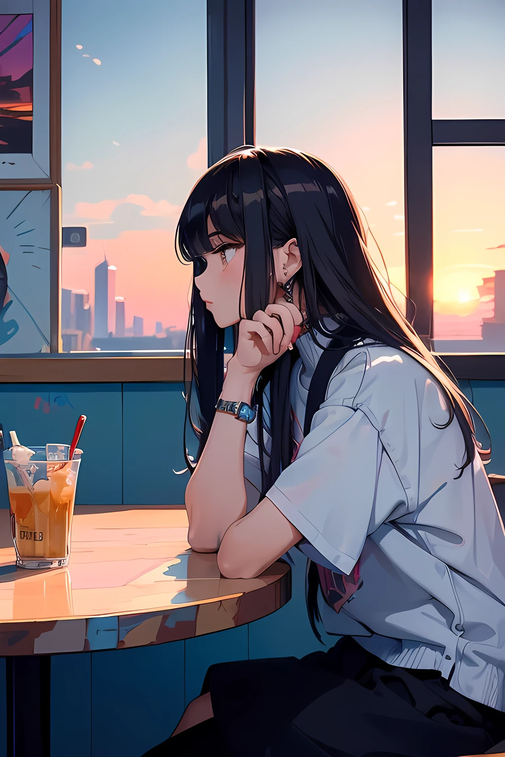 (masterpiece:1.5, best quality:1.5), ((Graffiti, VaporWave style, partially coloring)), cinematic angle, (ultra straight hair, Straight bangs), 1girl, (Hair flowing in the wind), Staring tiredly out the window, (Looking into the beyond), (sunset outside the window:1.2, sunset through window:1.2), From inside the house, ((Rest chin on hand)), Elbow on the table, face seen from the side, Short sleeve white shirt high , ultra straight hair, Poke out lips, Rim Light,