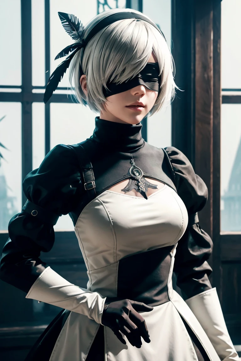 2B Nier Automata,Bobcut, Gray Hair,Long sleeve, Juliet Sleeve, White gloves, turtleneck, bangs, Feather ornament, Feather ornament sleeves, Blindfold, Black Goth Dress,Bird&#39;s-eye view,Japanese Ultra HD,super high quality,masterpiece,Digital SLR,Photorealistic,Detailed details,Vivid details,Depicted in detail,A detailed face,Detailed details,Super Detail,Realistic skin texture,Anatomical basis,Perfect Anatomy,Anatomically correct hand,Anatomically correct fingers,Complex 3D rendering,Sexy pose,Rainy Sky,Beautiful scenery,Fantastic rainy sky,Fantasy worldview,Beautiful night sky,Picturesque,Pink Lips,Black butterfly々Fluttering,A ruined world,A devastated battlefield,ruins,