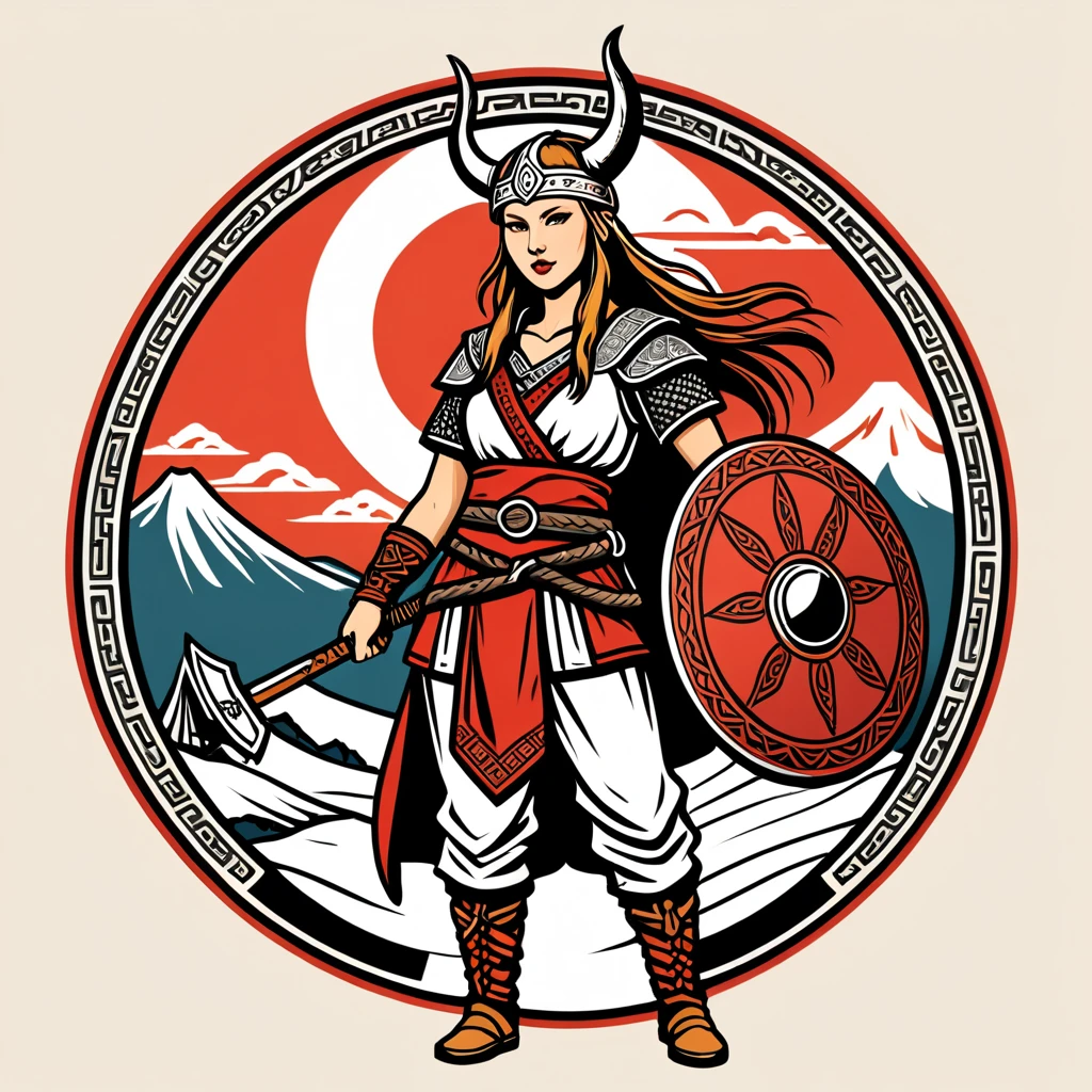 female viking in japan folk outfit, vector graphics, strong contours, logo design