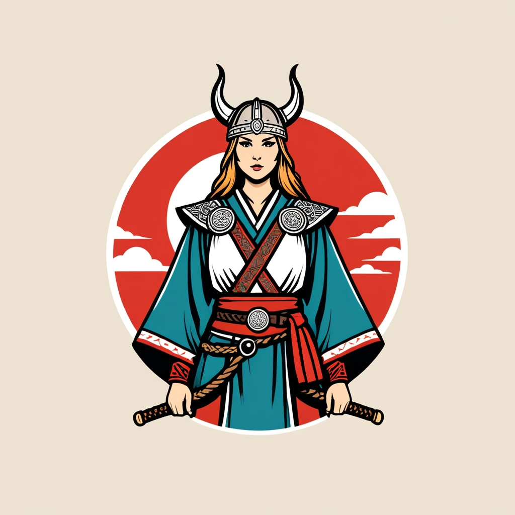 female viking in japan folk outfit, vector graphics, strong contours, logo design
