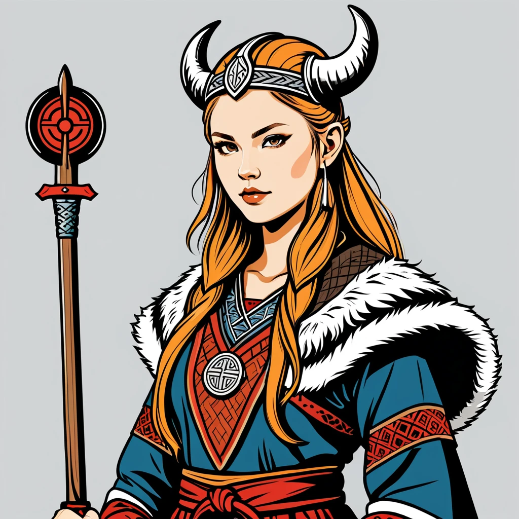 female viking in japan folk outfit, vector graphics, strong contours, logo design
