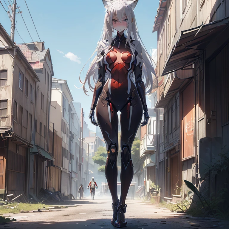 (Fox Girl, Fox Ears, Silver Hair, Fox Makeup, One Girl, Long Hair, Alone on the screen, dark skin:1.6), (mecha musume, Machinery Parts,Robot Joints, White and red clothes, Full body mechanical suit, 片腕がMachinery Parts:1.8), (Body measurements are 75-60-75!, Young girl body, Small breasts, Proudly, Standing posture, slender, muscle:1.9), Avatar, face, lewd face, Dominant representation, naughty face, Uplifting, Skin Texture, outside, ruins, Ruined City, Broken Building, There are no people