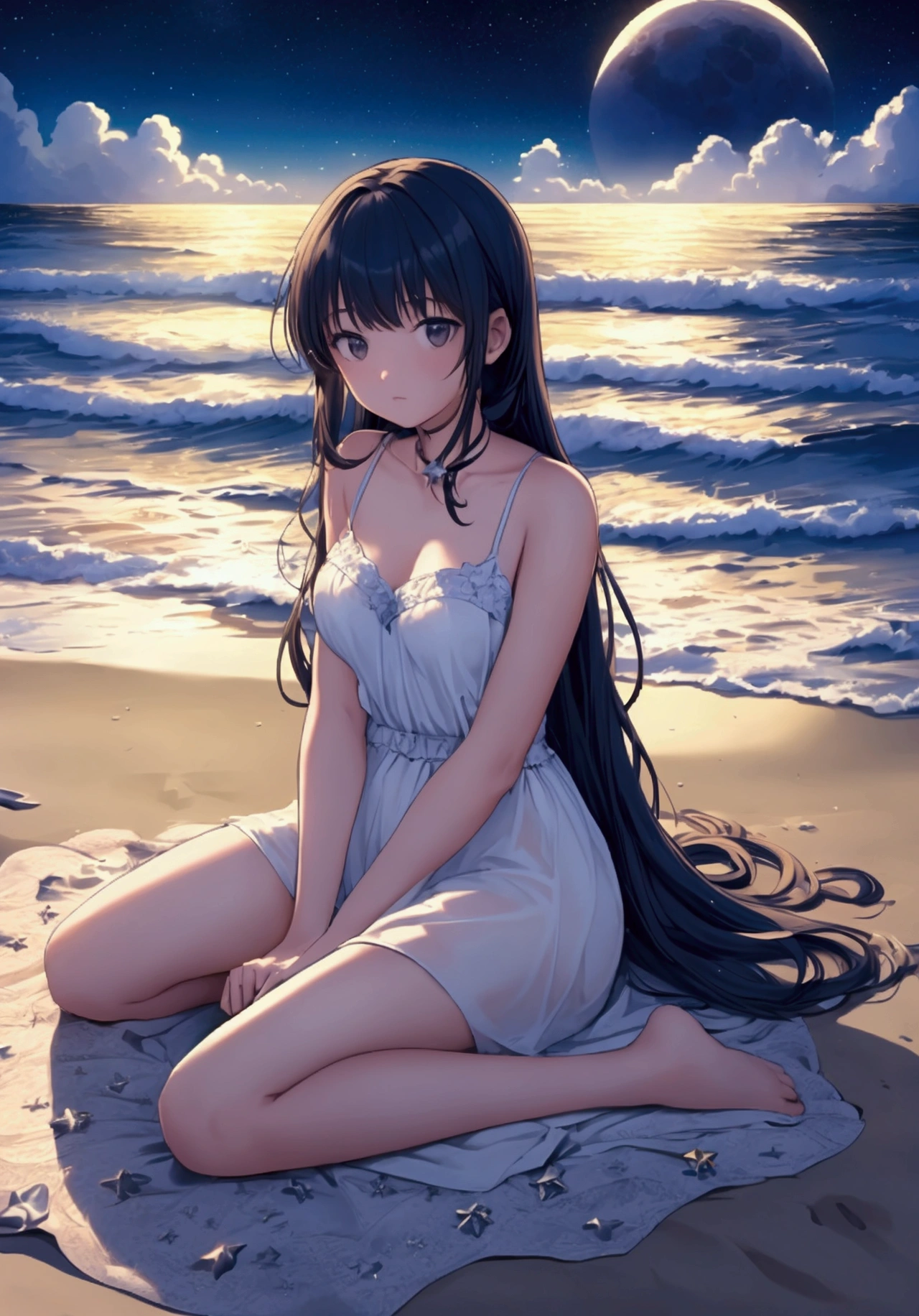 lofi image,A serene night scene at the seaside with a 20 year old girl sitting on the sand, gazing at a star-filled sky. The girl is in a contemplative mood, surrounded by the gentle waves of the ocean. The stars are bright and numerous, creating a peaceful and reflective atmosphere. The scene should be illuminated by the soft glow of the moon, casting a gentle light on the girl and the waves.
