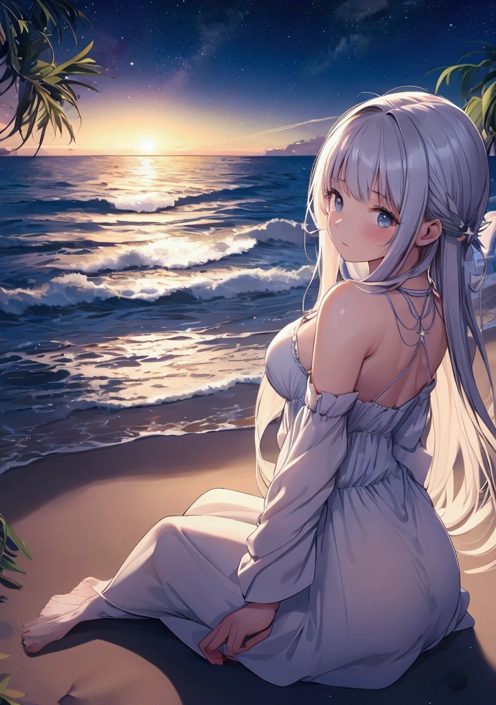 lofi image,A serene night scene at the seaside with a 20 year old girl sitting on the sand, gazing at a star-filled sky. The girl is in a contemplative mood, surrounded by the gentle waves of the ocean. The stars are bright and numerous, creating a peaceful and reflective atmosphere. The scene should be illuminated by the soft glow of the moon, casting a gentle light on the girl and the waves.