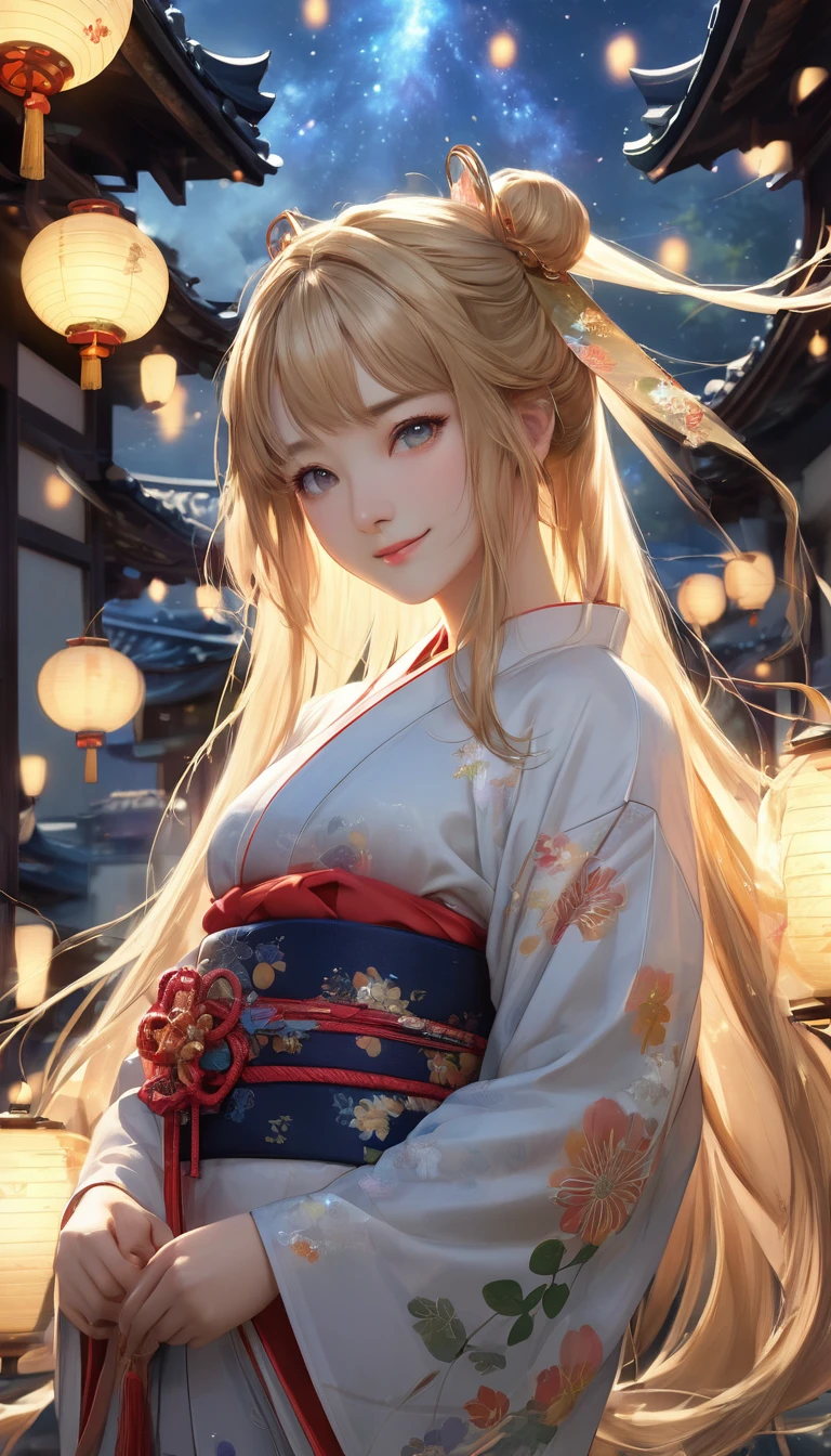 8k resolution, masterpiece, Highest quality, Award-winning works, unrealistic, SFW, elegant, Very detailed, Digital Painting, artステーション, コンセプトart, Smooth, Sharp focus, shape, artジャム、Greg Rutkowski、Alphonse Mucha、William Adolphe Bouguereau、art：Stephanie Law , , Royal Jewel, , Full Shot, Symmetric, Greg Rutkowski, Charlie Bowwater, beep, Unreal 5, Surreal, Dynamic Lighting, ファンタジーart, Complex色, Gion, Kyoto, Numerous fireflies, fire works, milky way, shooting stars, Small face, Very delicate look, , Delicate facial depiction, Delicate eye depiction, Upper body close-up, Alluring, , dynamic sexy pose, sole sexy girl, healthy body, Age 22, , , ,, doaxvv_Marie Rose, geisha, height: 160cm, huge firm bouncing busts, , Very long wavy blonde hair, Twin tails, Glowing Skin, Sweat, Smiling at the camera, look up, Invincible laughter, Complex, traditional Japanese see-through yukata, 
