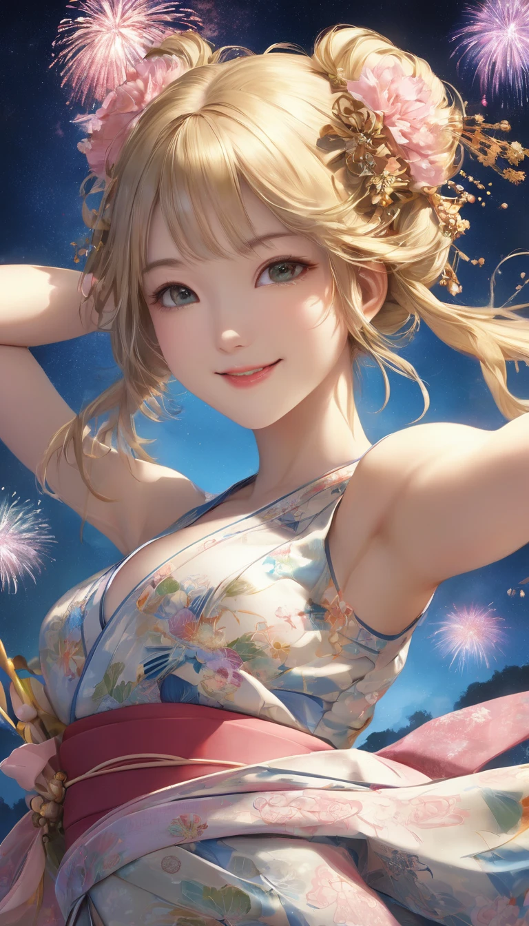 8k resolution, masterpiece, Highest quality, Award-winning works, unrealistic, SFW, elegant, Very detailed, Digital Painting, artステーション, コンセプトart, Smooth, Sharp focus, shape, artジャム、Greg Rutkowski、Alphonse Mucha、William Adolphe Bouguereau、art：Stephanie Law , , Royal Jewel, , Full Shot, Symmetric, Greg Rutkowski, Charlie Bowwater, beep, Unreal 5, Surreal, Dynamic Lighting, ファンタジーart, Complex色, Gion, Kyoto, Numerous fireflies, fire works, milky way, shooting stars, Small face, Very delicate look, , Delicate facial depiction, Delicate eye depiction, Upper body close-up, Alluring, erotic, dynamic sexy pose, sole sexy girl, healthy body, Age 22, , , ,, doaxvv_Marie Rose, geisha, height: 160cm, huge firm bouncing busts, , Very long wavy blonde hair, Twin tails, Glowing Skin, Sweat, Smiling at the camera, look up, Invincible laughter, Complex, traditional Japanese see-through yukata, 