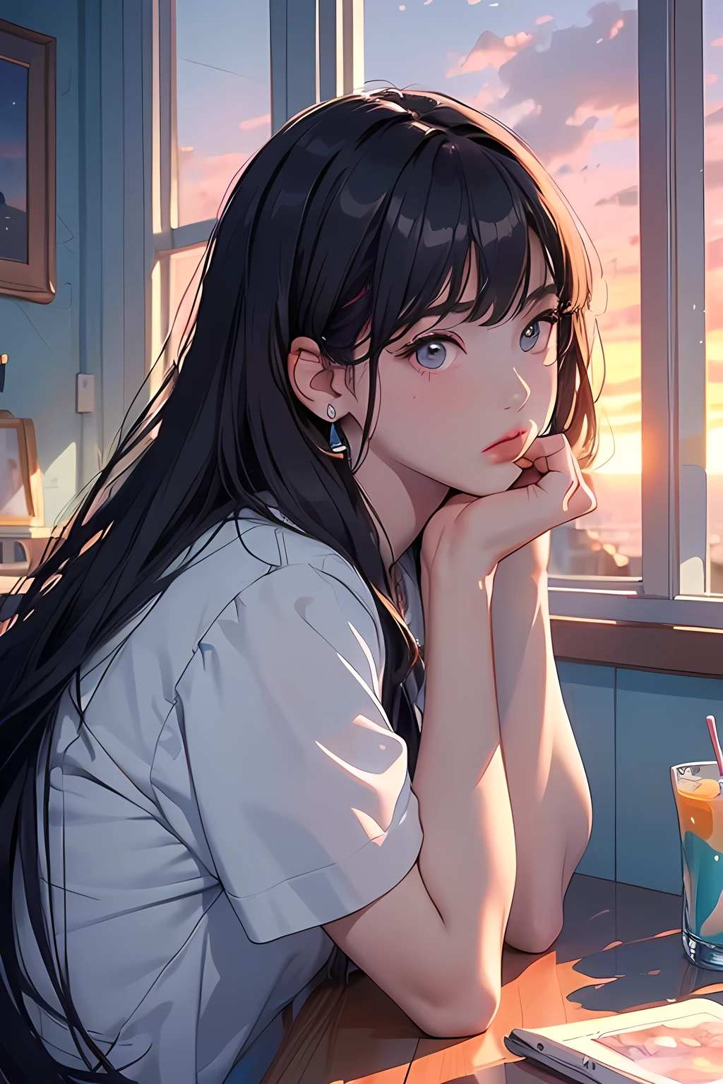 (masterpiece:1.5, best quality:1.5), ((Line art, VaporWave style, partially coloring)), cinematic angle, (ultra straight hair, Straight bangs), 1girl, (Hair flowing in the wind), Staring tiredly out the window, (Looking into the beyond), (sunset outside the window:1.2, sunset through window:1.2), From inside the house, ((Rest chin on hand)), Elbow on the table, face seen from the side, Short sleeve white shirt high , ultra straight hair, Poke out lips, natural side lighting,