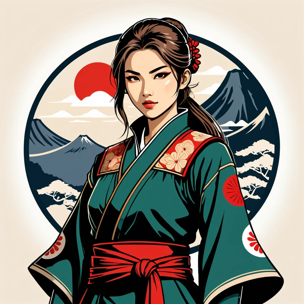 female rogue in japan folk outfit, vector graphics, strong contours, logo design
