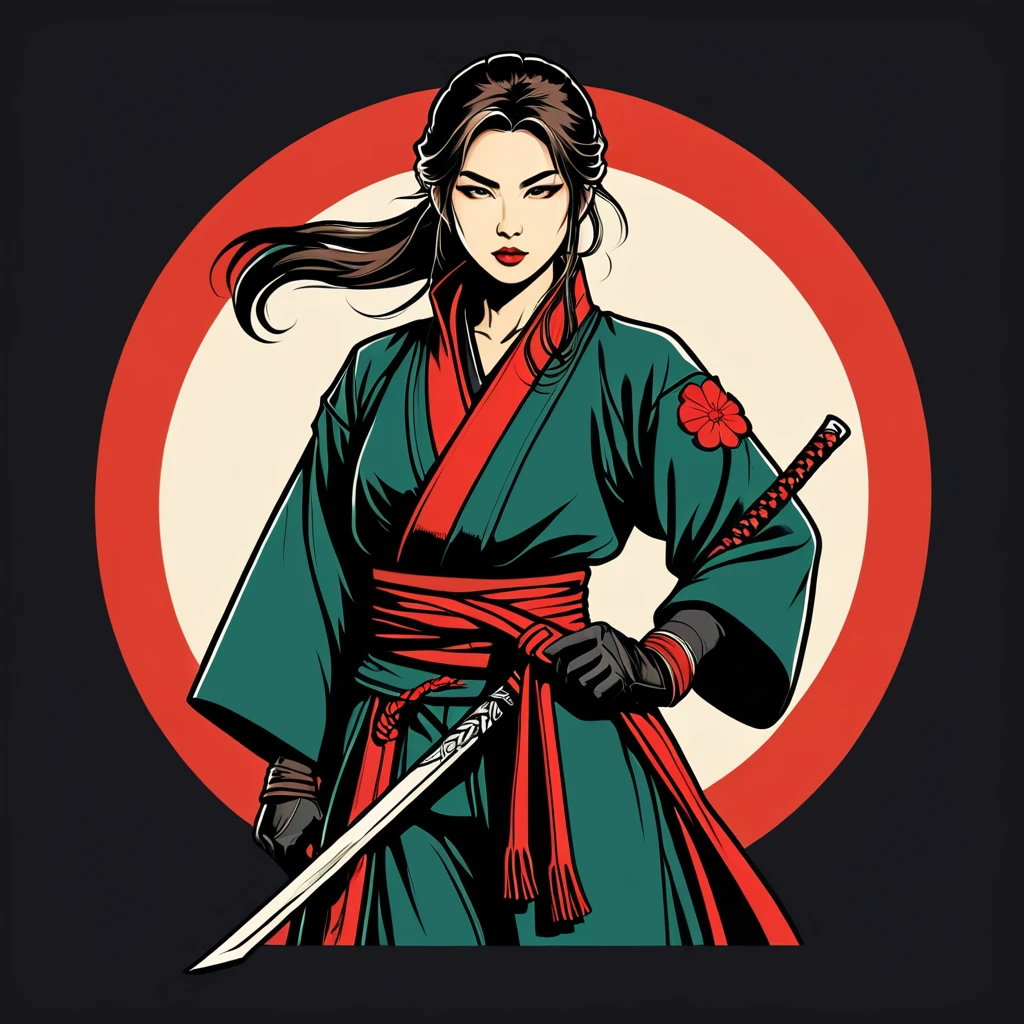 female rogue in japan folk outfit, vector graphics, strong contours, logo design