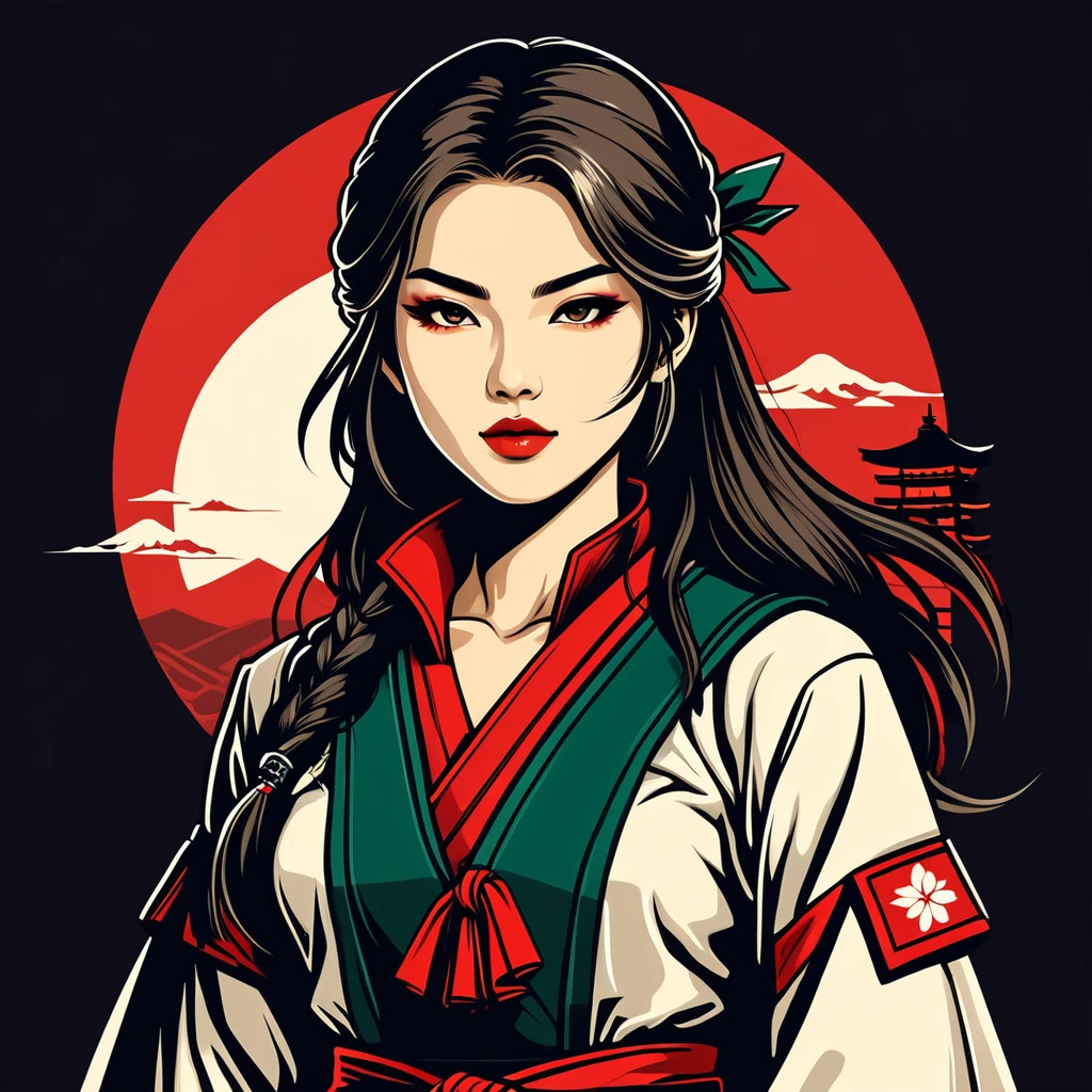 female rogue in japan folk outfit, vector graphics, strong contours, logo design