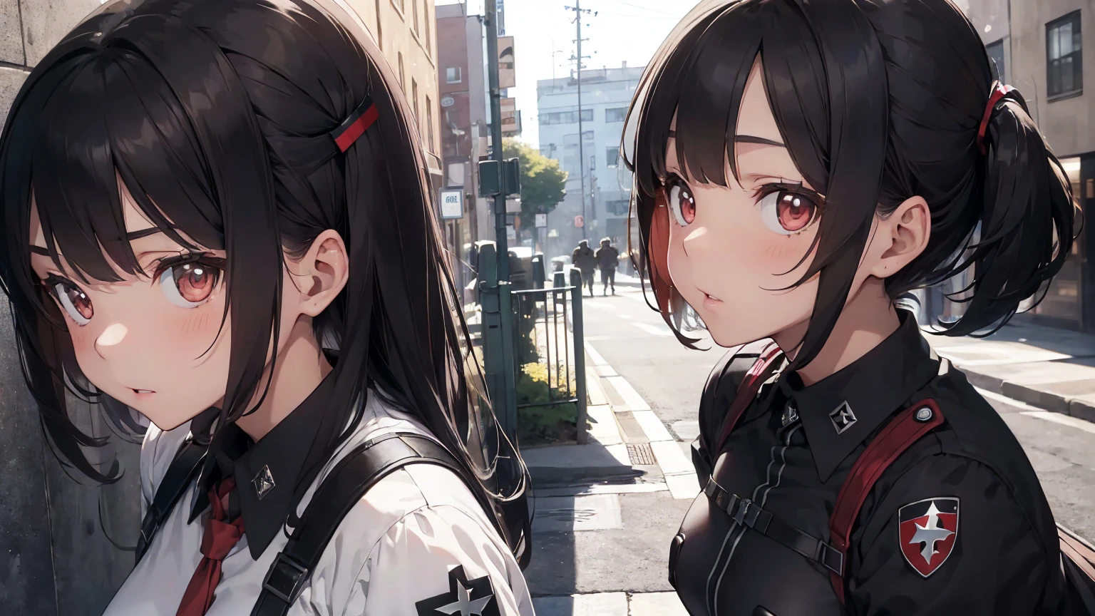 Gestapo uniform, female lesbian kawaii sisters kissing passionately with T-54 military tank. wearing Luftwaffe uniforms. 8k. masterpiece. best quality. best artwork. lingerie. Swastika insignia red armband. bare breasts