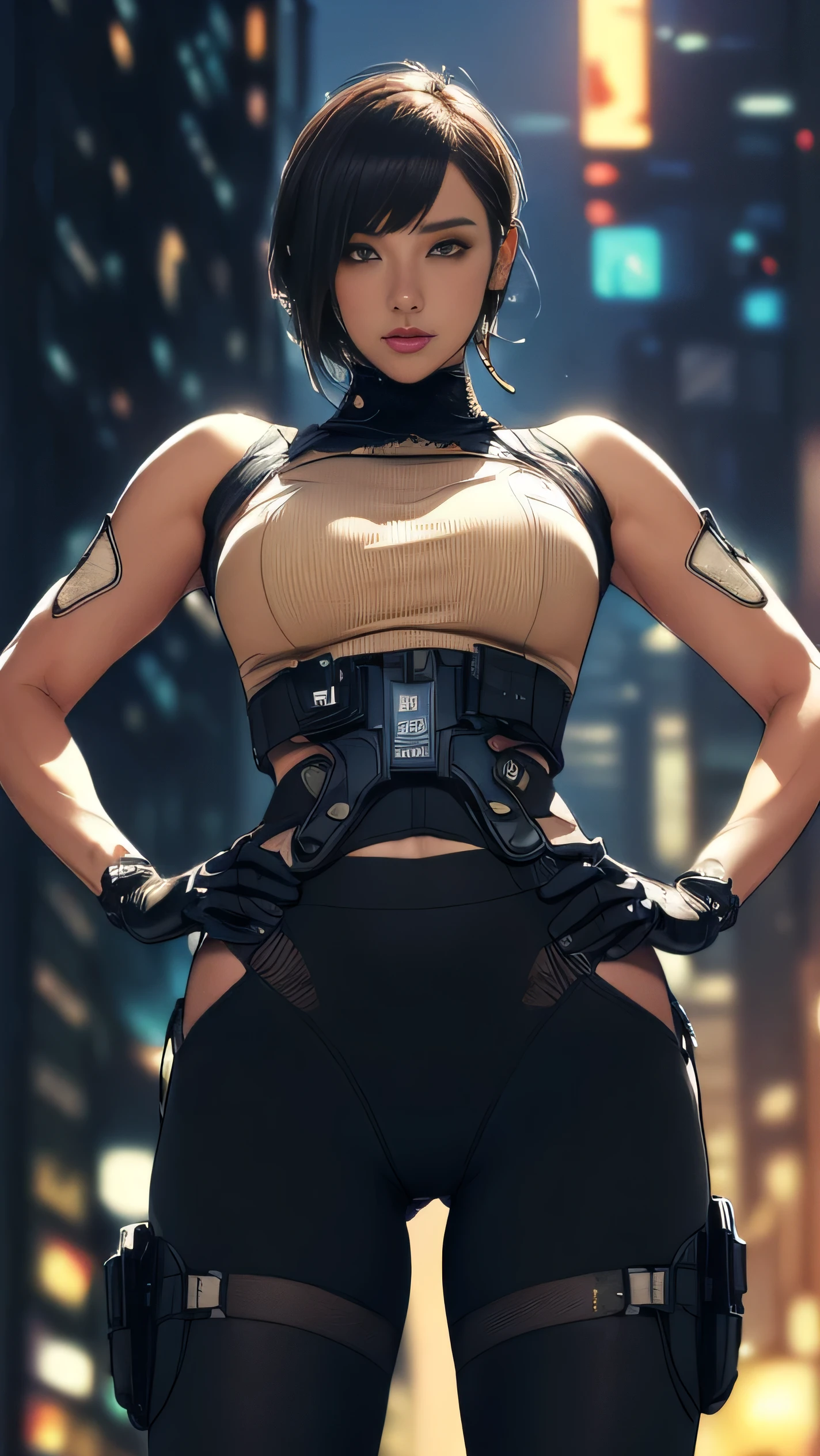(A woman),(((Future female police officer standing))),((Black tactical tights:1.5)),((Camel toe:1.5)),((earphone:1.5)),((Tactical Holster:1.5)),(Gloves:1.5),(((Hands on Hips:1.5))),(front:1.5),(From below:1.2),(Super short hair:1.5),(bionde:1.5),(beautiful eyes:1.3),(Very detailedな顔:1.5),((Very detailed drawing of a female hand:1.5)),((muscular:1.5)),(Sexy look:1.5),((Thick thighs:1.5)),(Beautiful Body:1.5),((Very sensual:1.5)),(The backdrop is a futuristic city:1.5),(Cyberpunk atmosphere:1.5),(((Blurred Background:1.5))),(Written border depth:1.5),rest(((masterpiece:1.5),(best quality:1.5),(Very detailed:1.5),(high resolution:1.5),(Practical:1.5),(Practical:1.5),(Delicate depiction),(Carefully drawn))),8k,wallpaper
