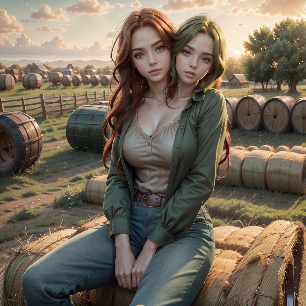 (Solo:1.1), (masterpiece:1.3), (8k, photorealistic, RAW photo, best quality: 1.4), (1girl), beautiful face, (realistic face), (red hair, long flowing hair:1.3), (2girl) (green hair, wavy Bob haircut:1.3), beautiful hairstyle, realistic eyes, beautiful detailed eyes, (realistic skin), beautiful skin, (wearing flannel shirt, jeans, cowboy boots), absurdres, attractive, ultra high res, ultra realistic, highly detailed, golden ratio, (two heads), sitting on a hay bale, farmyard, golden hour,