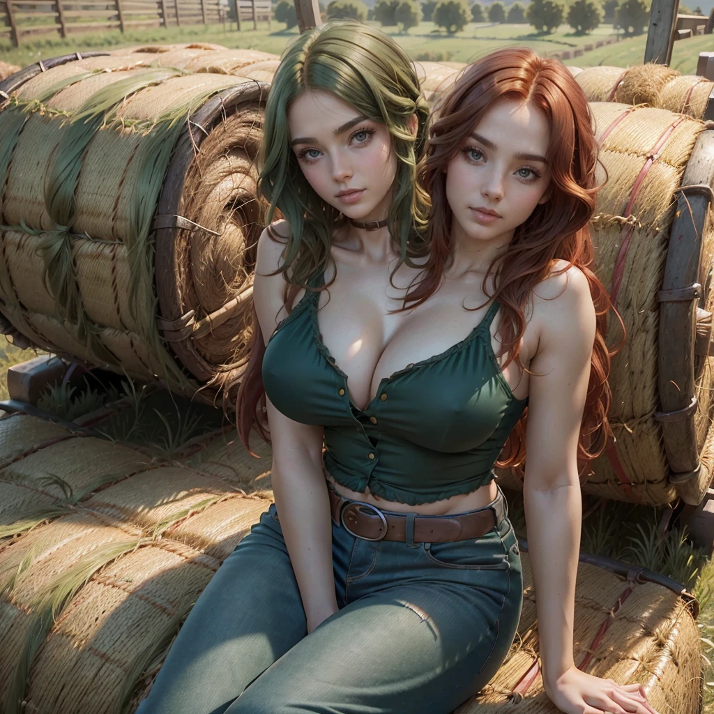 (Solo:1.1), (masterpiece:1.3), (8k, photorealistic, RAW photo, best quality: 1.4), (1girl), beautiful face, (realistic face), (red hair, long flowing hair:1.3), (2girl) (green hair, wavy Bob haircut:1.3), beautiful hairstyle, realistic eyes, beautiful detailed eyes, (realistic skin), beautiful skin, (wearing flannel shirt, jeans, cowboy boots), absurdres, attractive, ultra high res, ultra realistic, highly detailed, golden ratio, (two heads), sitting on a hay bale, farmyard, golden hour,