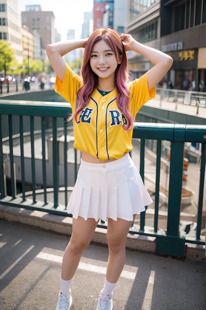 Japanese woman, 20 years old, smiling, mouth open, long pink hair, brown eyes, small breasts, yellow baseball uniform, full body, legs wide open left to right, more legs visible, hands folded behind head, background New York, evening