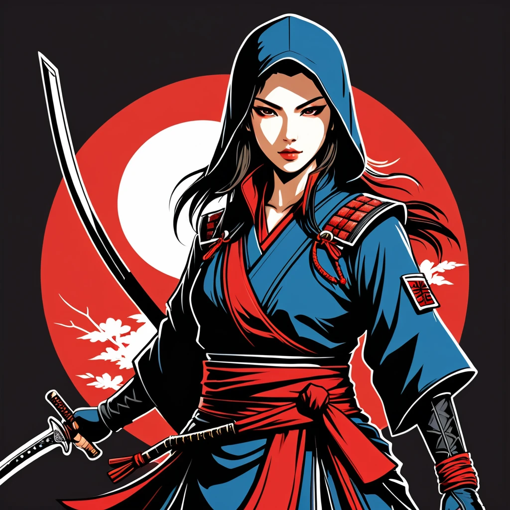female assassin in japan folk outfit, vector graphics, strong contours, logo design