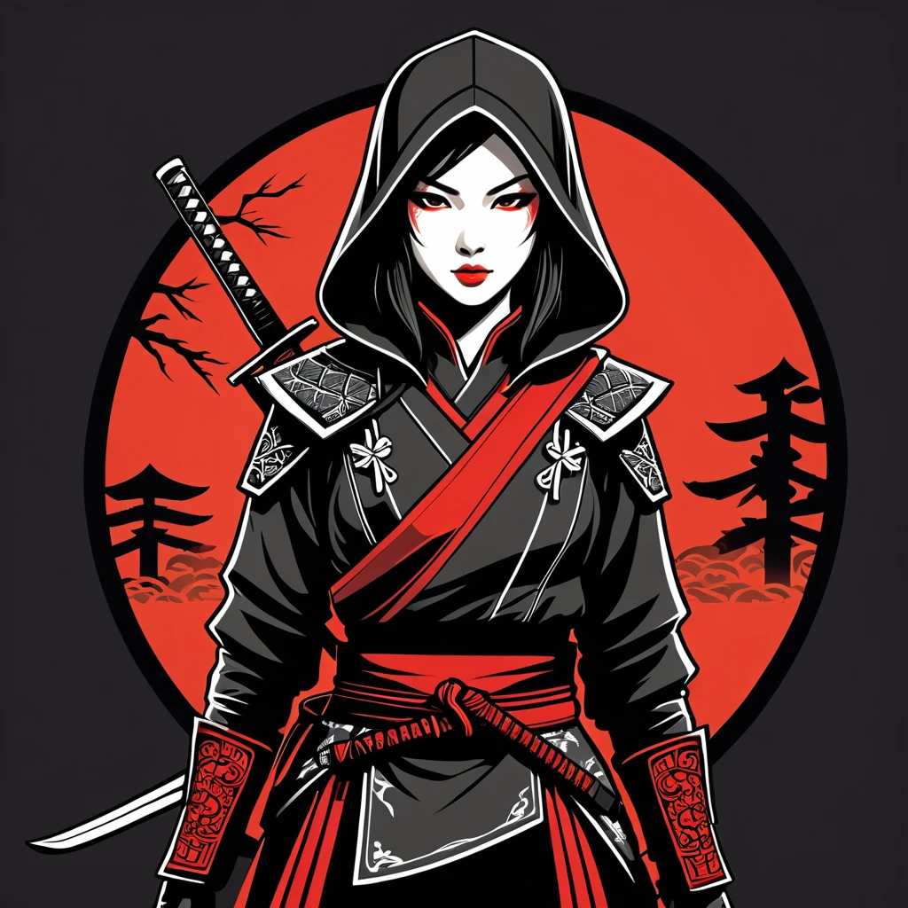 female assassin in japan folk outfit, vector graphics, strong contours, logo design