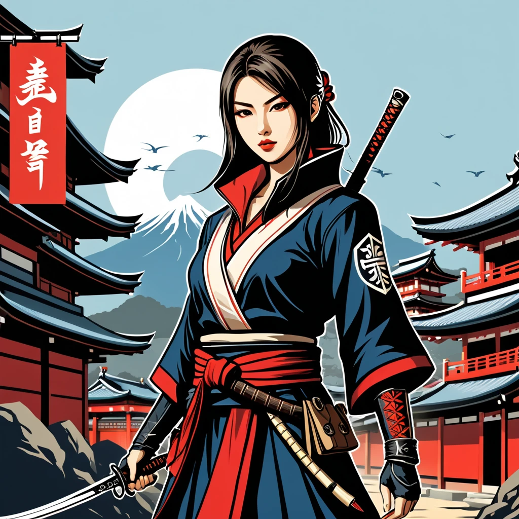 female assassin in japan folk outfit, vector graphics, strong contours, logo design
