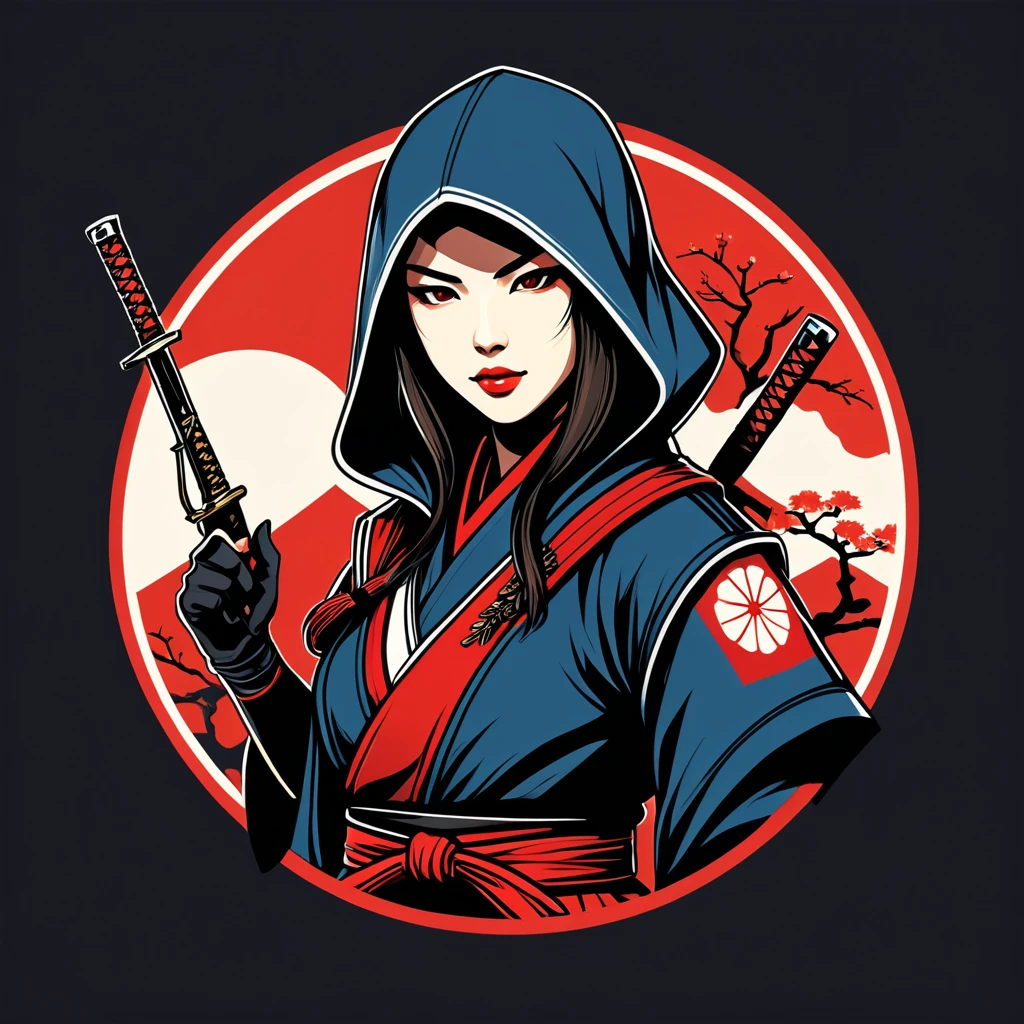 female assassin in japan folk outfit, vector graphics, strong contours, logo design