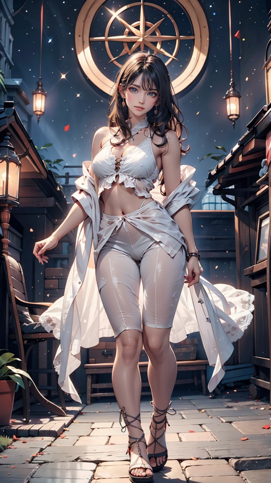 masterpiece, Beautiful Goddess of the Void, Full body white transparent clothing standing under the stars at night in the sky, Disappearing Transparent Pants, Full body standing, Tall figures, Thin legs, Facial details, Body parts details, 8k wallpaper、24-year-old female、Sexy proportions、Sexy、Textured skin((textured skin))、Narrow waist、Long eyelashes、bottomless、topless、Lace-up sandals、smile
