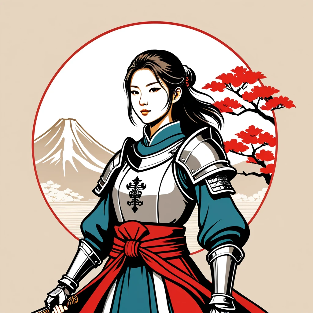female knight in japan folk outfit, vector graphics, strong contours, logo design
