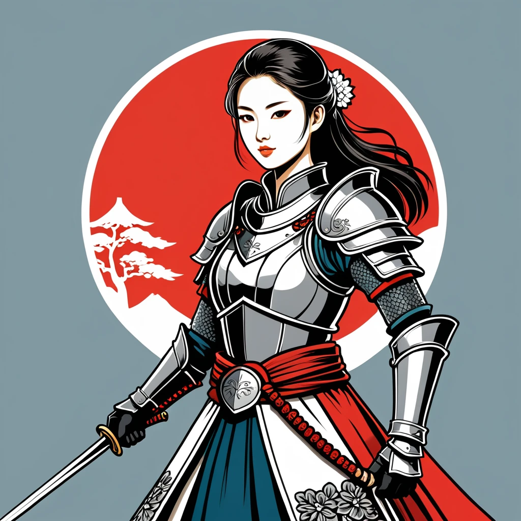 female knight in japan folk outfit, vector graphics, strong contours, logo design
