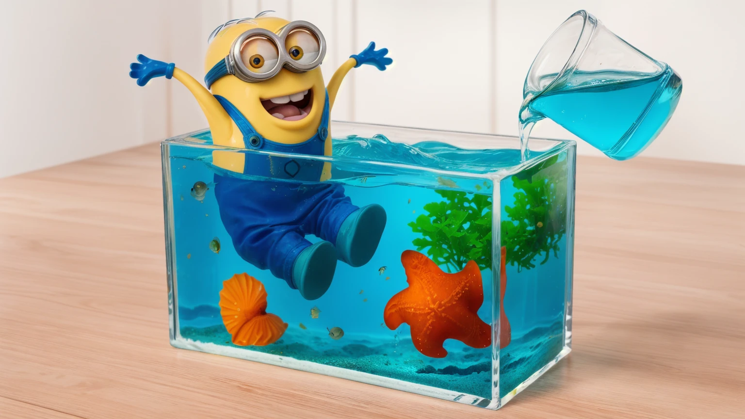 on a wooden table, there is a glass aquarium with blue water, a minion sitting in an aquarium, plastic red starfish in the aquarium, orange plastic shell and plastic green algae . water is poured from a measuring cup into an aquarium, against the background of the kitchen .beautiful lighting, Beautiful sunlight, realistic style , realistic texture, detailed texture, a high resolution, high quality, ultra hd 4k 