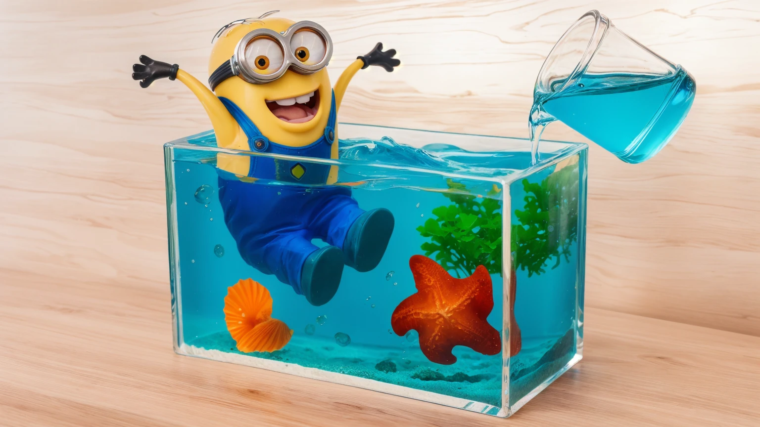 on a wooden table, there is a glass aquarium with blue water, a minion sitting in an aquarium, plastic red starfish in the aquarium, orange plastic shell and plastic green algae . water is poured from a measuring cup into an aquarium, against the background of the kitchen .beautiful lighting, Beautiful sunlight, realistic style , realistic texture, detailed texture, a high resolution, high quality, ultra hd 4k