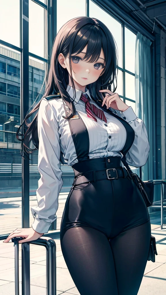 1 Girl:1.3), Solitary, __body parts__ Delicate and realistic skin, Pale skin, Large target, Official Art, Unity 16K Wallpaper, Ultra Detailed, beauty, masterpiece, best quality, Awesome atmosphere, Calming color palette, A calm mood, Soft shadows, Airline stewardess, charm,((Large Breasts)),Black tights,Police Uniform,((Black leggings)),sweater,blush,liquid,cute,Tights