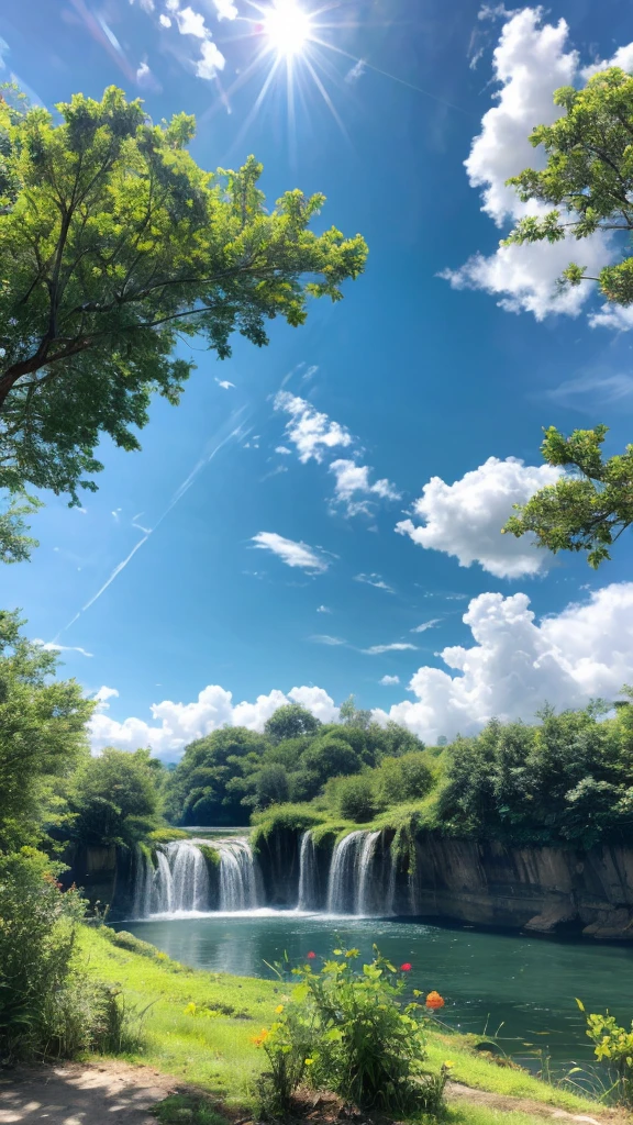 Broad, Bright blue sky filled with fluffy white clouds,Exposed to sunlight. below, 一幅Broad城市景观延伸至整个画面, Its details are bathed in the natural light and shadows of the sky.. This scene gives people a sense of vastness and tranquility.