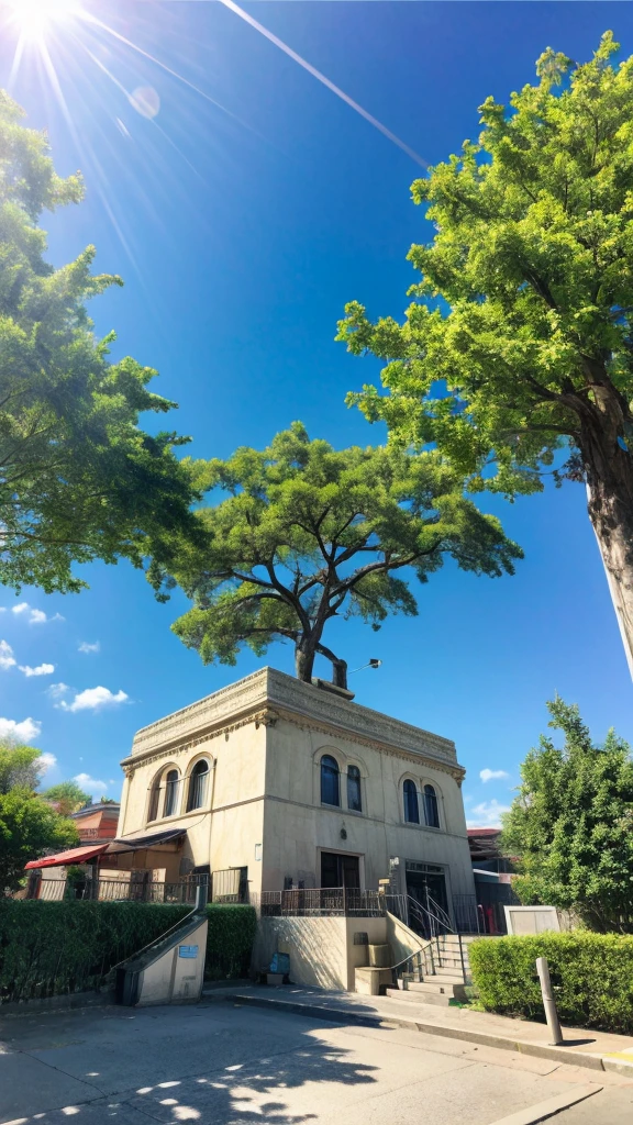 Broad, Bright blue sky filled with fluffy white clouds，Exposed to sunlight. below, 一幅Broad城市景观延伸至整个画面, Its details are bathed in the natural light and shadows of the sky.. This scene gives people a sense of vastness and tranquility.