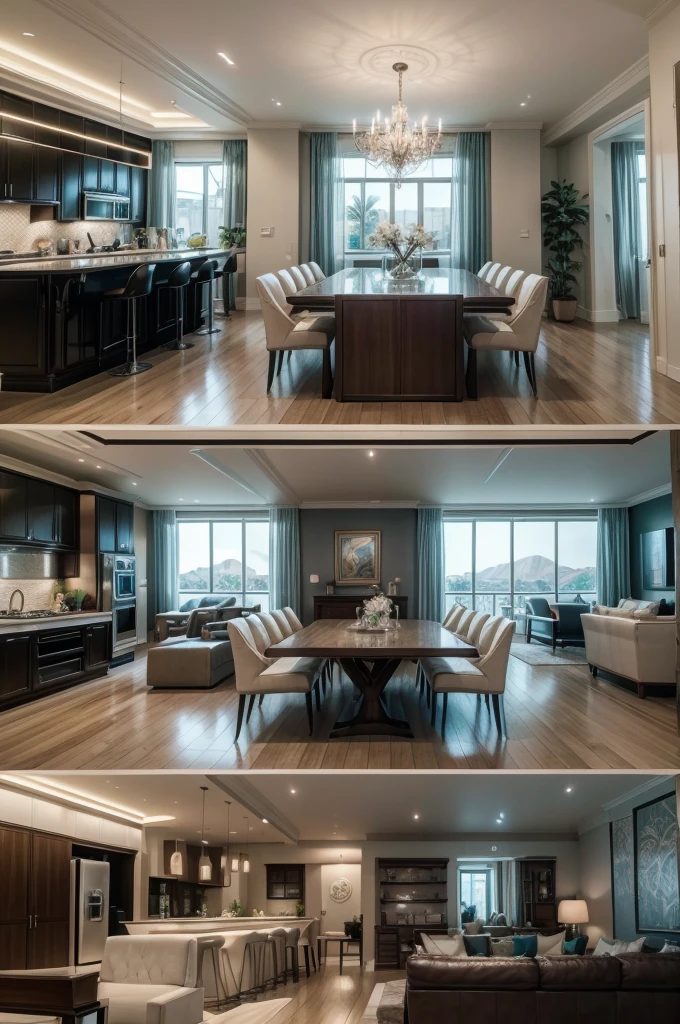 An Atlantean family in a typical home setting. The home should be elegantly decorated with futuristic furniture and advanced home technology. The family should be engaged in daily activities like cooking, playing, or conversing, showcasing the harmony and advanced lifestyle of Atlanteans.