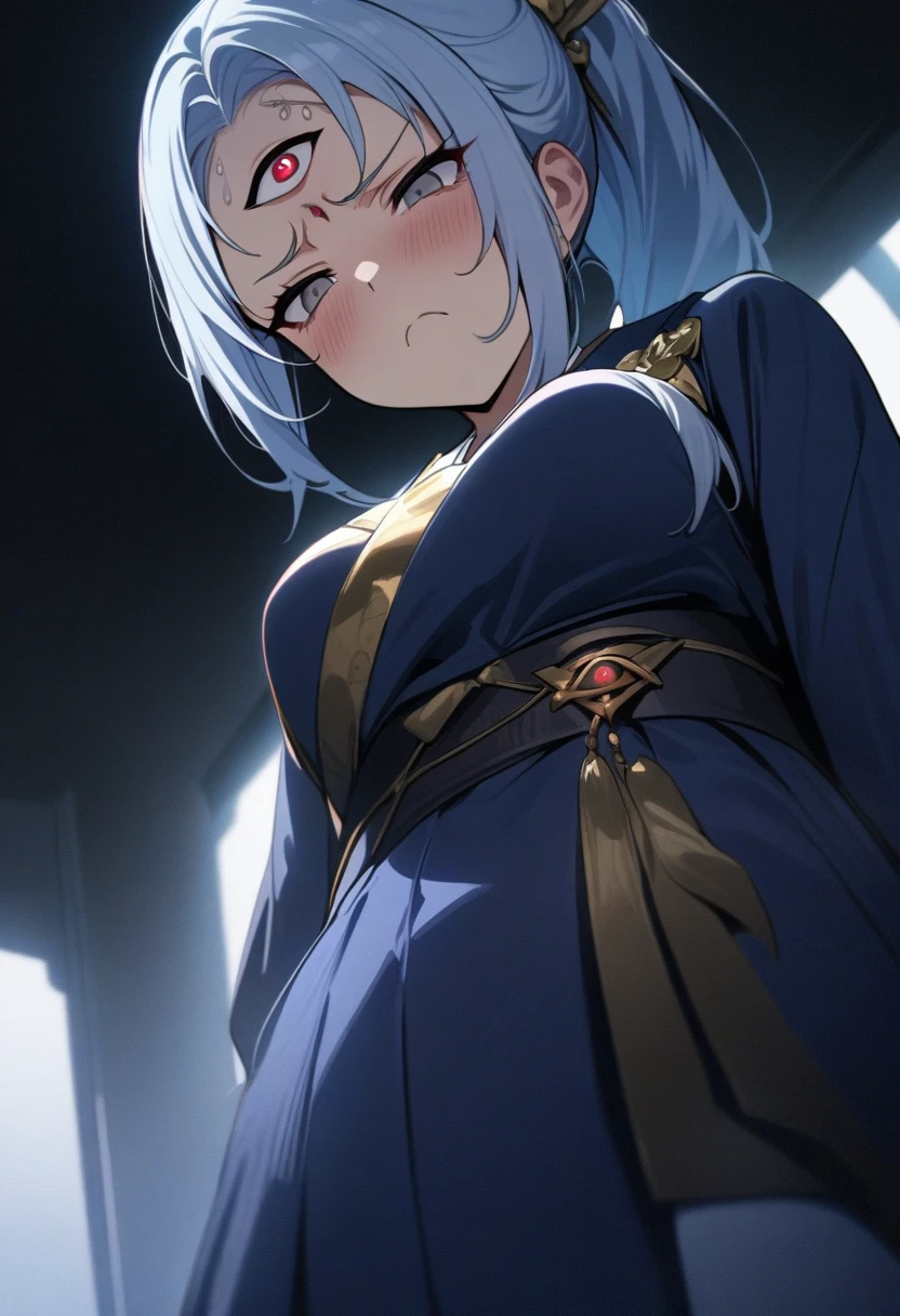 masterpiece, best quality, very aesthetic, absurd, up to date,1 Girl,Upper Body, From below, (despise, disgust,Shadowed side,Looking at the audience,frown),(((Third eye on the forehead))),
Light blue hair, Bangs, A small gold ornament, Gray eyes, Ponytail , Medium breasts, Blue Japanese clothes, Heart, White socks