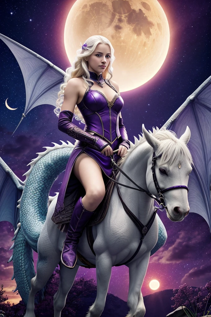 sovesA beautiful young woman, of "white blonde hair " , and "deep violet eyes" , volando en el cielo ofl amanecer,  mounted on her dragon , that its scales assume an eclipse "Landfe Action" "HD" "4k" 