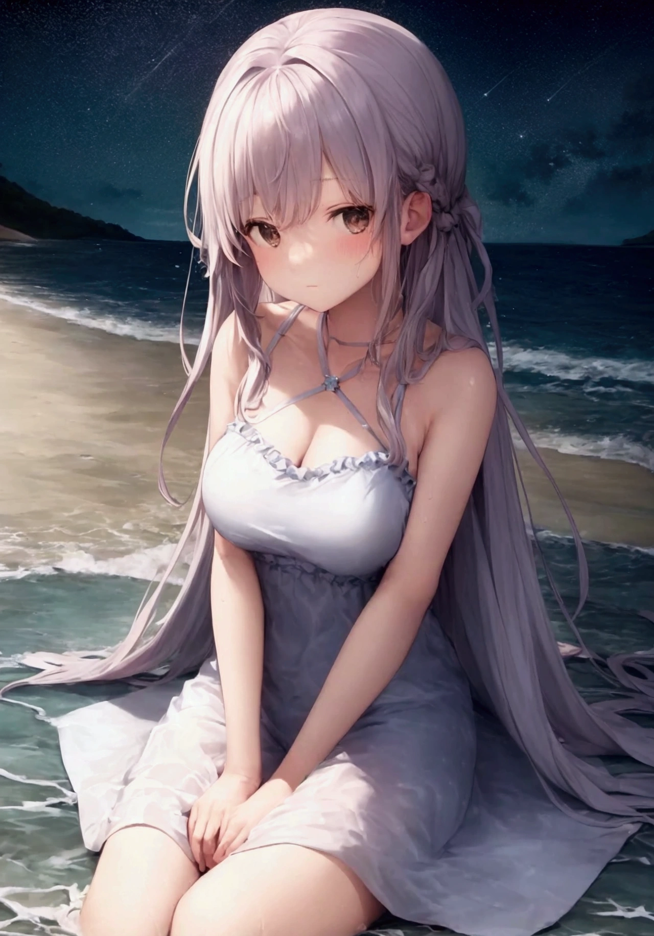 lofi image,A serene night scene at the seaside with a 20 year old girl sitting on the sand, gazing at a star-filled sky. The girl is in a contemplative mood, surrounded by the gentle waves of the ocean. The stars are bright and numerous, creating a peaceful and reflective atmosphere. The scene should be illuminated by the soft glow of the moon, casting a gentle light on the girl and the waves.
